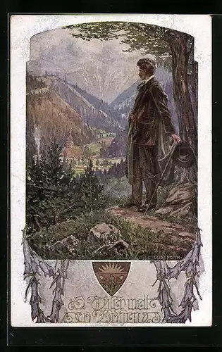 AK Deutscher Schulverein Nr. 1044: ein Wanderer blickt hinab ins Tal