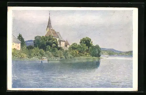 AK Deutscher Schulverein Nr. 1629: Maria Wörth /Kärnten, Blick vom Wasser zur Kirche