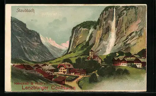 Lithographie Staubbach, Ortsansicht mit Werbung für Lenzburger Konfitüren