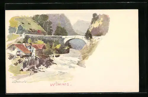 Künstler-AK Wimmis, Uferpartie mit Brücke