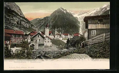 AK Goeschenen, Ortspartie mit Gotthardbahn