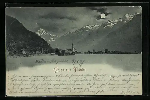 Mondschein-AK Flüelen, Uferpartie mit Kirche