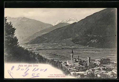 AK Mals, Teilansicht mit Kirche und dem Ortler