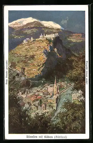 AK Klausen, Ortsansicht aus der Vogelschau mit Säben