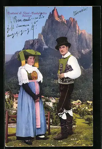 AK Siusi-Castelnotto, Mann und Frau in traditioneller Kleidung
