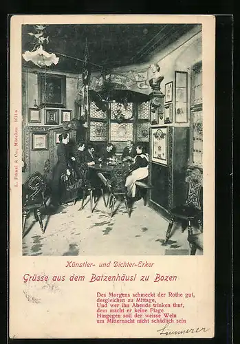 AK Bozen, Innenansicht Gasthaus Batzenhäusl, Künstler-und-Dichter-Erker