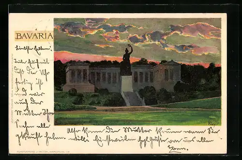 Künstler-AK Heinrich Kley: München, Bavaria mit Ruhmeshalle im Abendrot