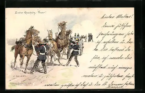 Künstler-AK Carl Becker: Erstes Geschütz-Feuer!