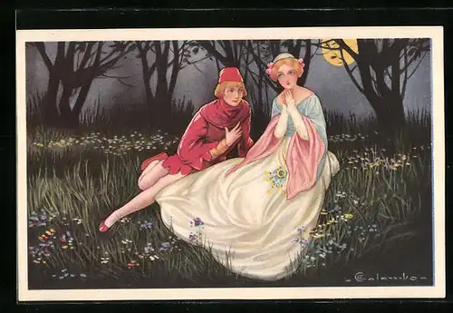 Künstler-AK E. Colombo: Zweisamkeit im Mondschein