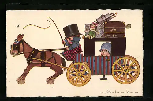 Künstler-AK E. Colombo: Vollgepackte Pferdekutsche mit edler Dame an Bord