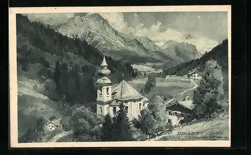 Künstler-AK Edward Harrison Compton: Gern b. Berchtesgaden, Ansicht der Gemeindekirche