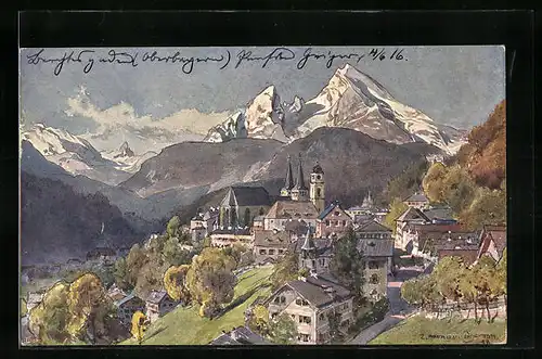 Künstler-AK Edward Harrison Compton: Ortsansicht von Berchtesgaden