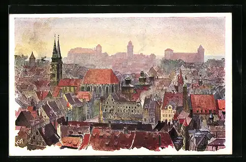 Künstler-AK Heinrich Kley: Nürnberg, Bayerische Jubiläums-Landesaustellung 1906, Stadtpanorama