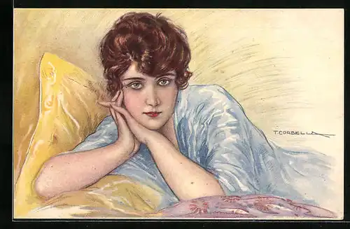 Künstler-AK Tito Corbella: Brünette Schönheit mit strahlend blauen Augen