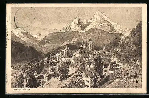 Künstler-AK Edward Harrison Compton: Berchtesgaden, Ortsansicht mit Landschaftspanorama