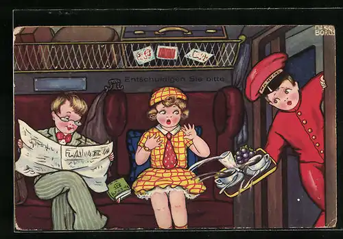 Künstler-AK Margret Boriss: Entschuldigen Sie bitte, Im Zugabteil