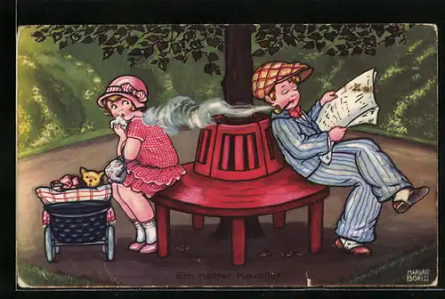 Künstler-AK Margret Boriss: Ein netter Kavalier, Rauchender Junge auf Parkbank