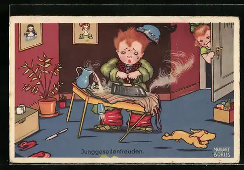 Künstler-AK Margret Boriss: Junggesellenfreuden, Junge beim Bügeln mit Hund