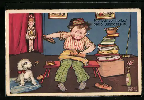 Künstler-AK Margret Boriss: Mensch sei helle, bleib Junggeselle