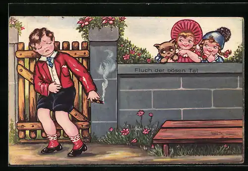 Künstler-AK Margret Boriss: Fluch der bösen Tat, Rauchender Junge