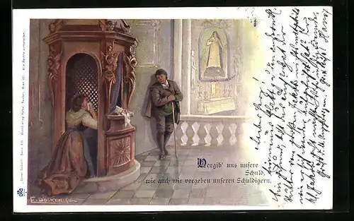 Künstler-AK E. Döcker: Betende Frau in der Kirche, Vergib` uns unsere Schuld...