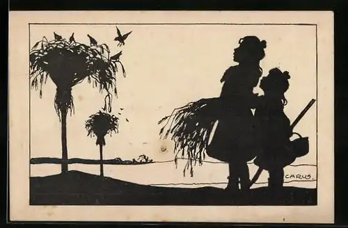 Künstler-AK Carus: Scherenschnitt, Mädchen mit Stroh