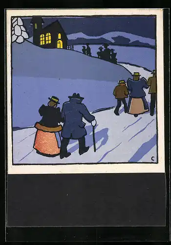 Künstler-AK Carl Camus: Tiroler Bauernleben, der Weg zur Christmette