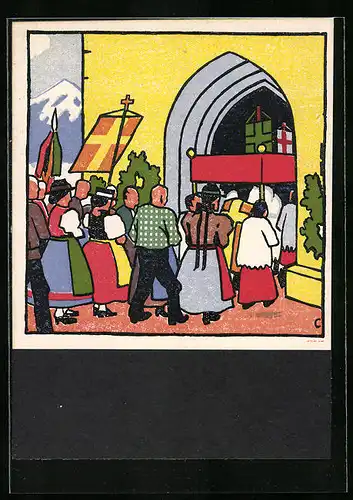 Künstler-AK Carl Camus: Tiroler Bauernleben, Prozessionzug zieht in die Kirche ein