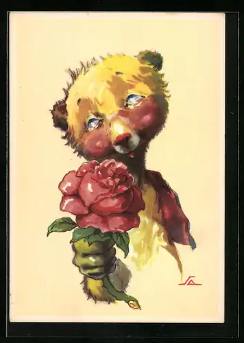 Künstler-AK Rose vom charmanten Teddy
