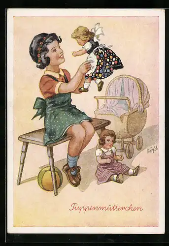 Künstler-AK Dörfel: Puppenmütterchen mit ihren Lieben