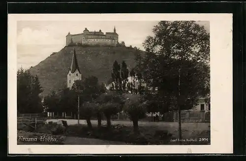 AK Krasna Horka, Ortsansicht mit Burg