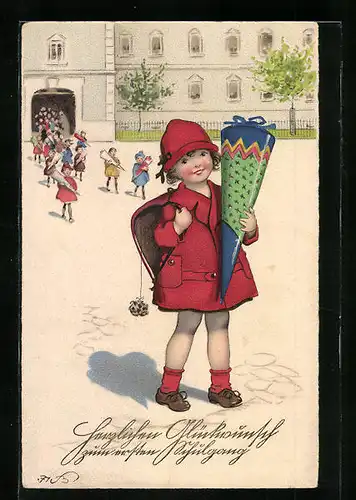 Künstler-AK Fritz Baumgarten: ABC-Schützin mit Zuckertüte