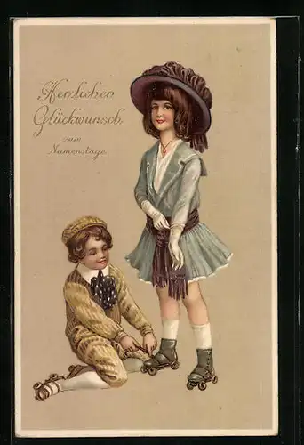 AK Kinder schnüren ihre Rollschuhe