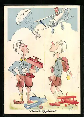 Künstler-AK Flugschüler beobachten einen Fallschirmspringer