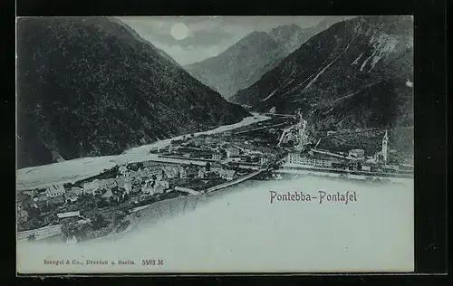 Mondschein-AK Pontafel, Ortsansicht mit Berglandschaft