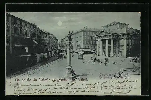 Mondschein-AK Triest, Tergesteum und alte Börse