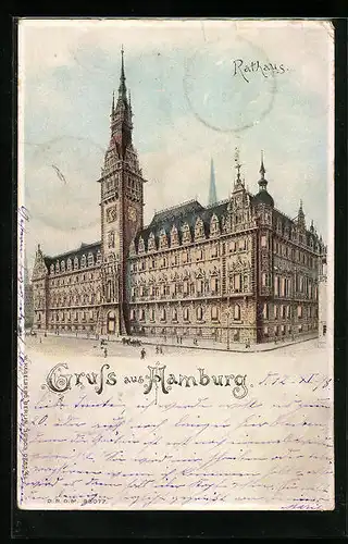Lithographie Hamburg, Rathaus mit bunten Fenstern, Halt gegen das Licht