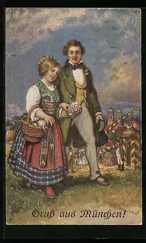 Künstler-AK München, Junges Paar kommt vom Markt