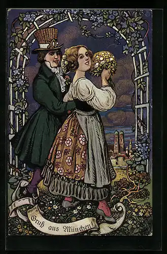 AK München, Verliebtes Paar beim Spaziergang, Münchener Typen