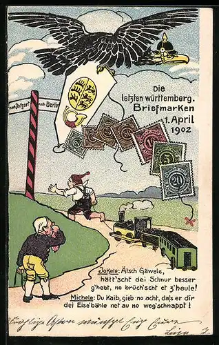 AK Die letzten württembergischen Briefmarken 1. April 1902, Jokele und Michele