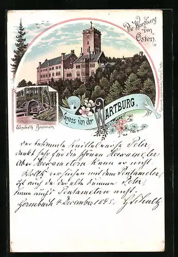 Lithographie Eisenach, Die Wartburg von Osten mit dem Elisabethbrunnen