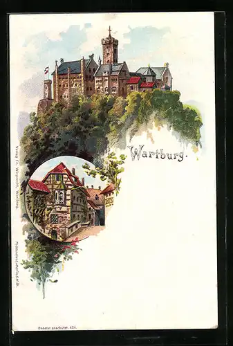 Lithographie Eisenach, Ansicht der Wartburg, Strassenpartie mit verziertem Erker