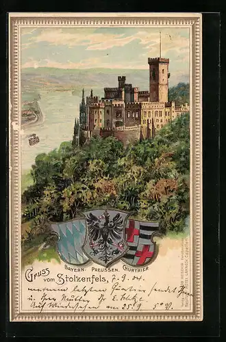 Lithographie Stolzenfels a. Rh., Ansicht des Schlosses mit geprägtem Wappen