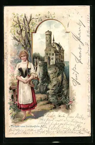 Passepartout-Lithographie Reutlingen, s'Bärbele vom Lichtenstein, Schlossansicht
