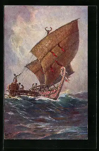 Künstler-AK Hans Bohrdt: Das letzte Boot vor der Insel Ugomes, Südsee