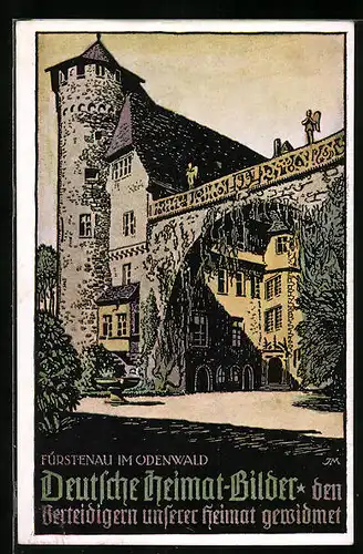 Künstler-AK Fürstenau im Odenwald, Blick zum Schloss