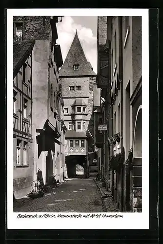 AK Bacharach a. Rhein, Kranenstrasse mit Hotel Kranenturm und Metzgerei von Wilhelm Bast