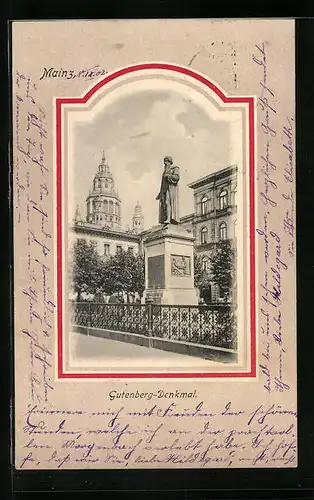 AK Mainz, Gutenberg-Denkmal, Passepartout