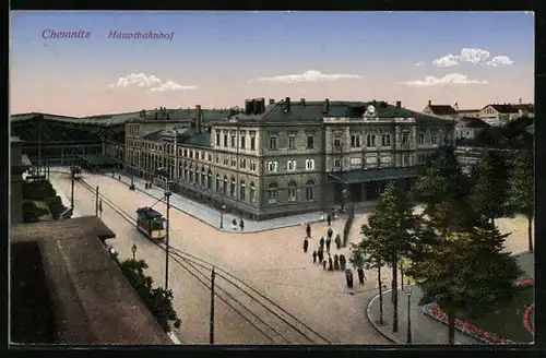 AK Chemnitz, Hauptbahnhof mit Strassenbahn