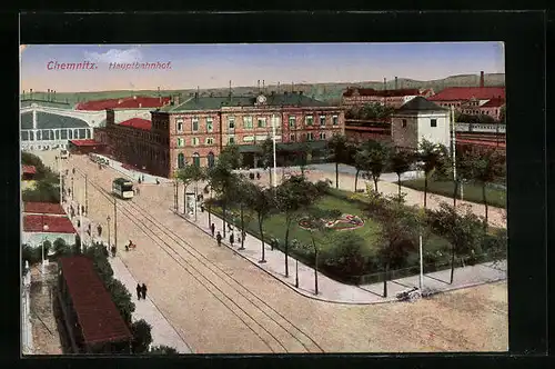 AK Chemnitz, Hauptbahnhof mit Strassenbahn